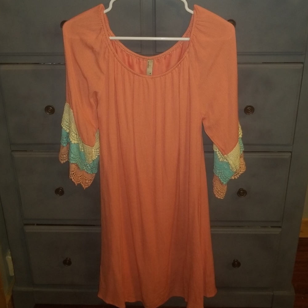 Crochet sleeved off the shoulder dress